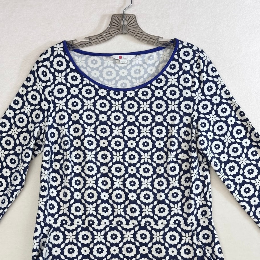 Boden Blue White Floral Geometric Print 3/4 Sleeve Shift Dress with Pockets - Picture 2 of 9